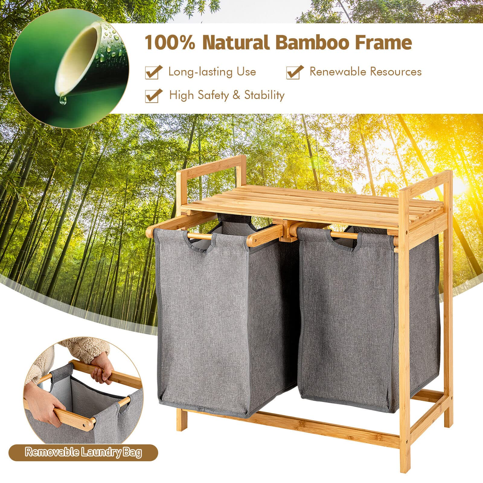 Giantex Bamboo Laundry Hamper with Dual Compartments, 2-Section Laundry Sorter Basket, Natural
