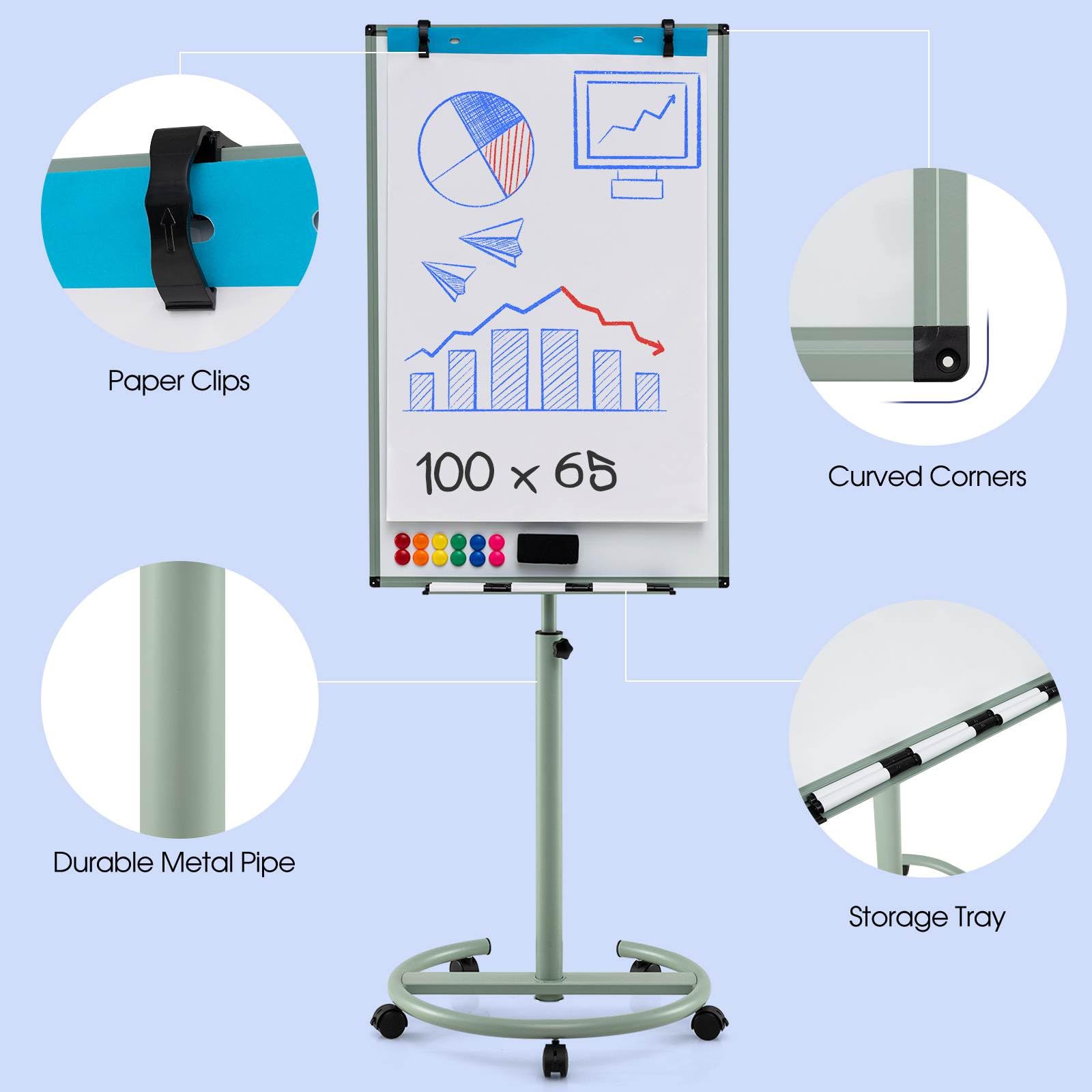 100x65cm Rolling Magnetic Whiteboard w/Height Adjustable Stand