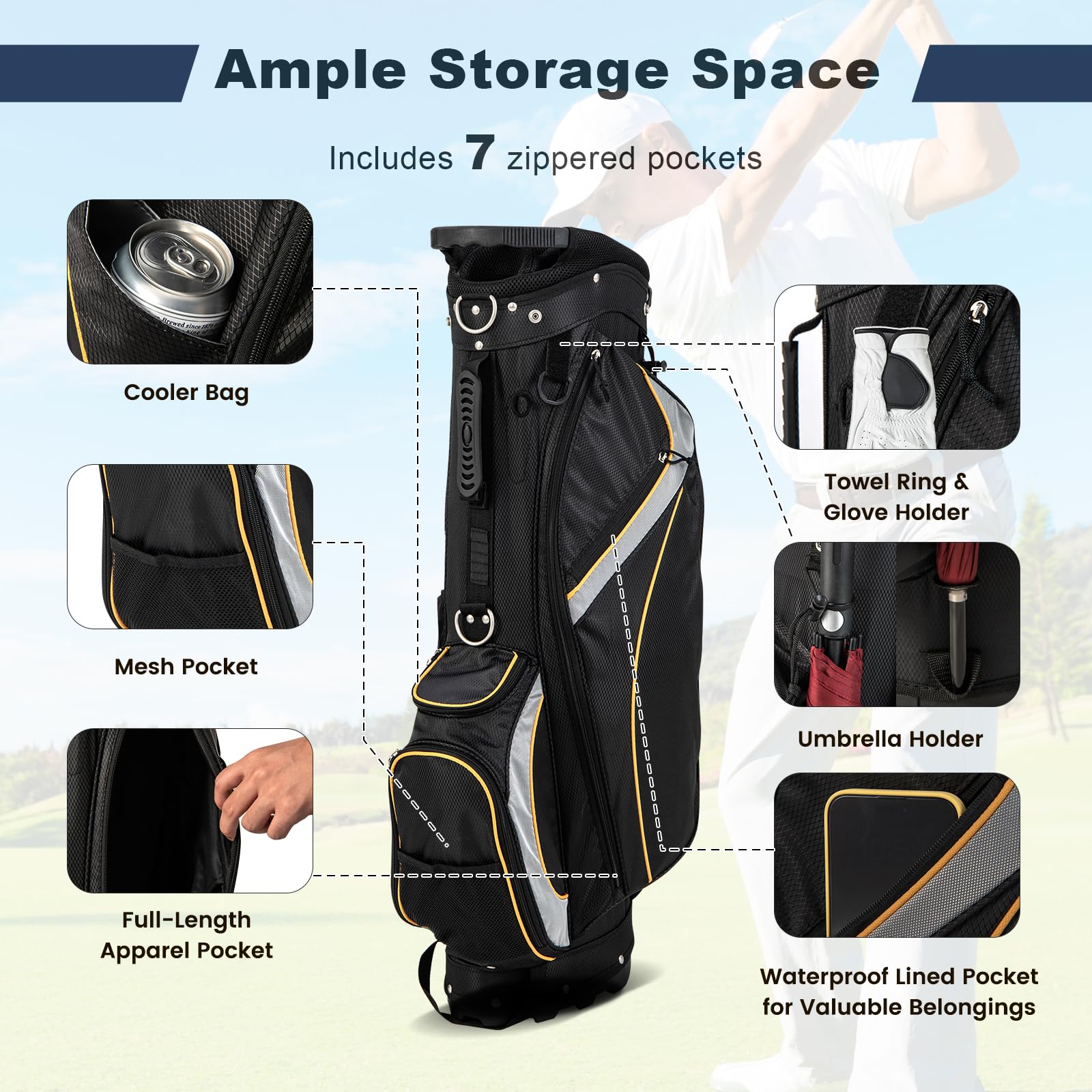 Golf Club Bag w/ 8 Way Top Dividers, 7 Zippered Pockets, Cooler Bag, Dual Strap & Rain Hood