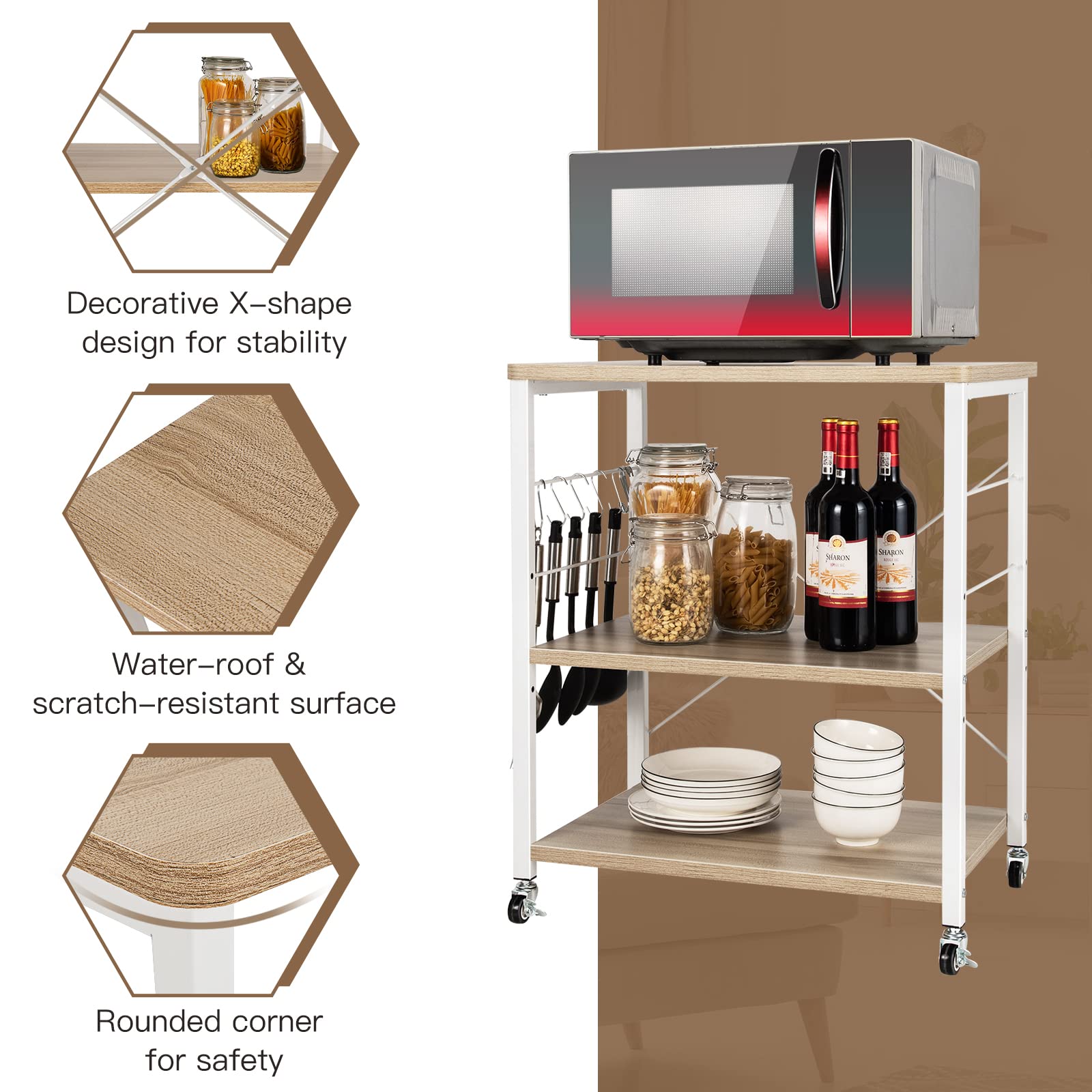 Giantex 3-Layer Microwave Stand Bakers' Rack, Kitchen Rolling Cart with 4 Universal Wheels and 10 Removable Hooks
