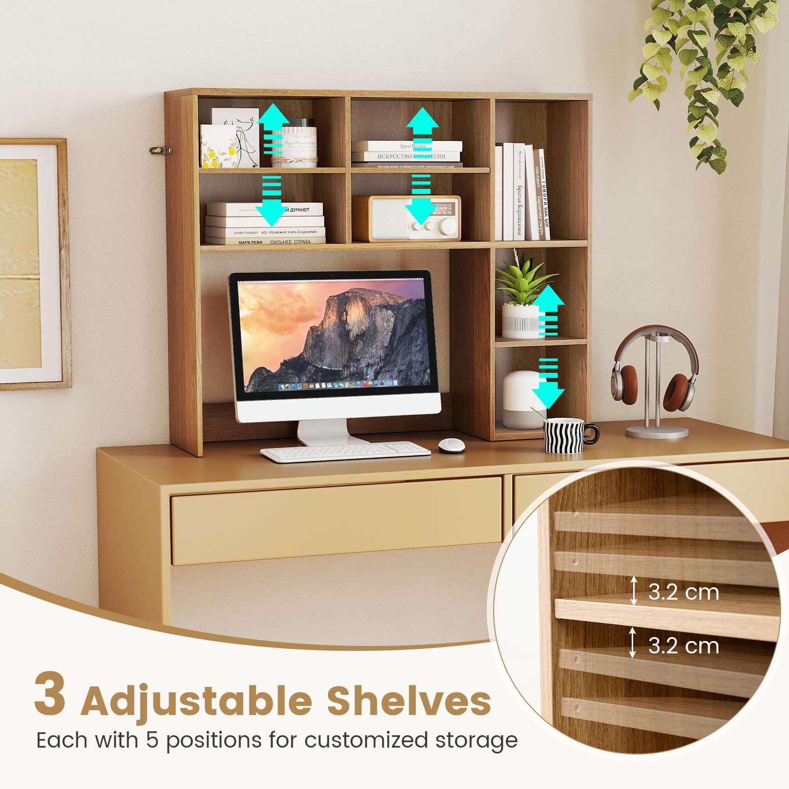 Desktop Bookshelf, Desk Hutch with 3 Adjustable Shelves & Open Compartment