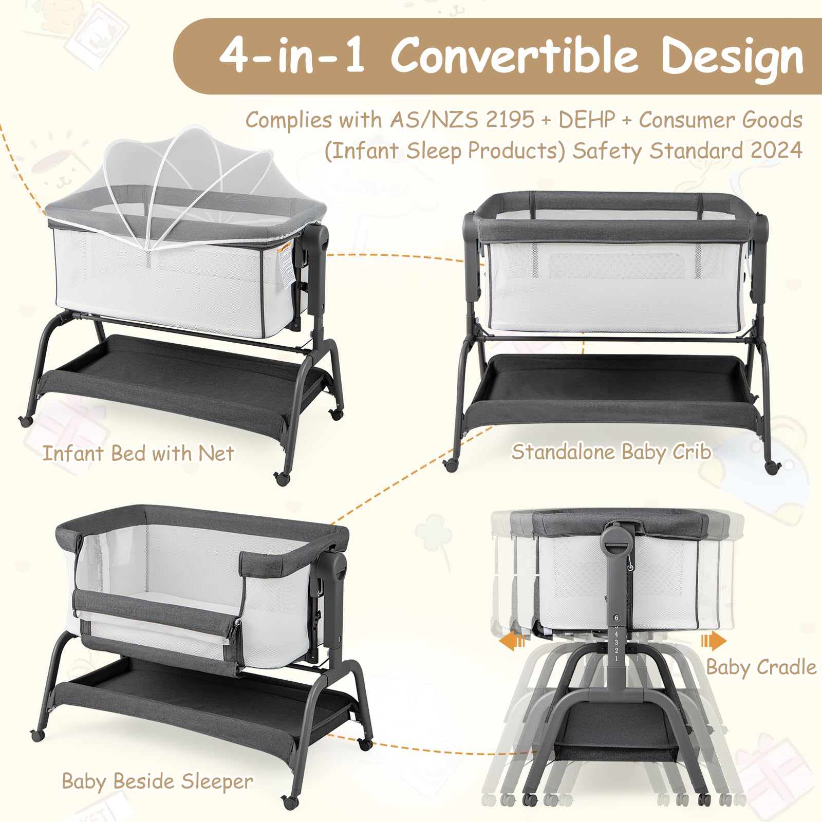 4 in 1 Rocking Baby Bassinet, Newborn Infant Bedside Sleeper w/6 Adjustable Heights