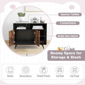 Cat Litter Box Enclosure with Scratching Pad, Slanted Metal Legs, Cat Furniture End Table Nightstand with 2 Storage Shelves