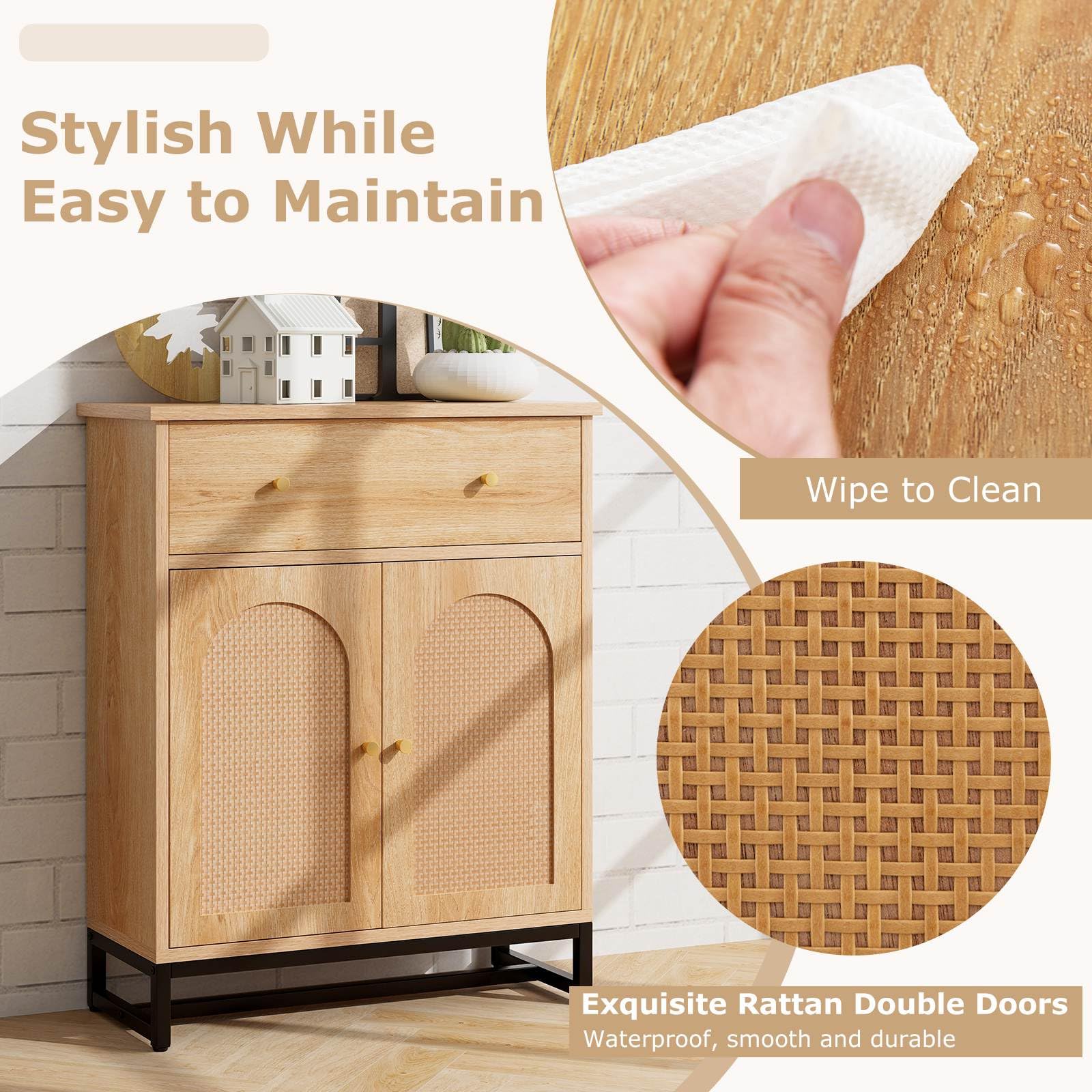 Giantex Accent Floor Storage Cabinet w/Rattan Doors & Drawer, Sideboard Buffet Cabinet Coffee Bar