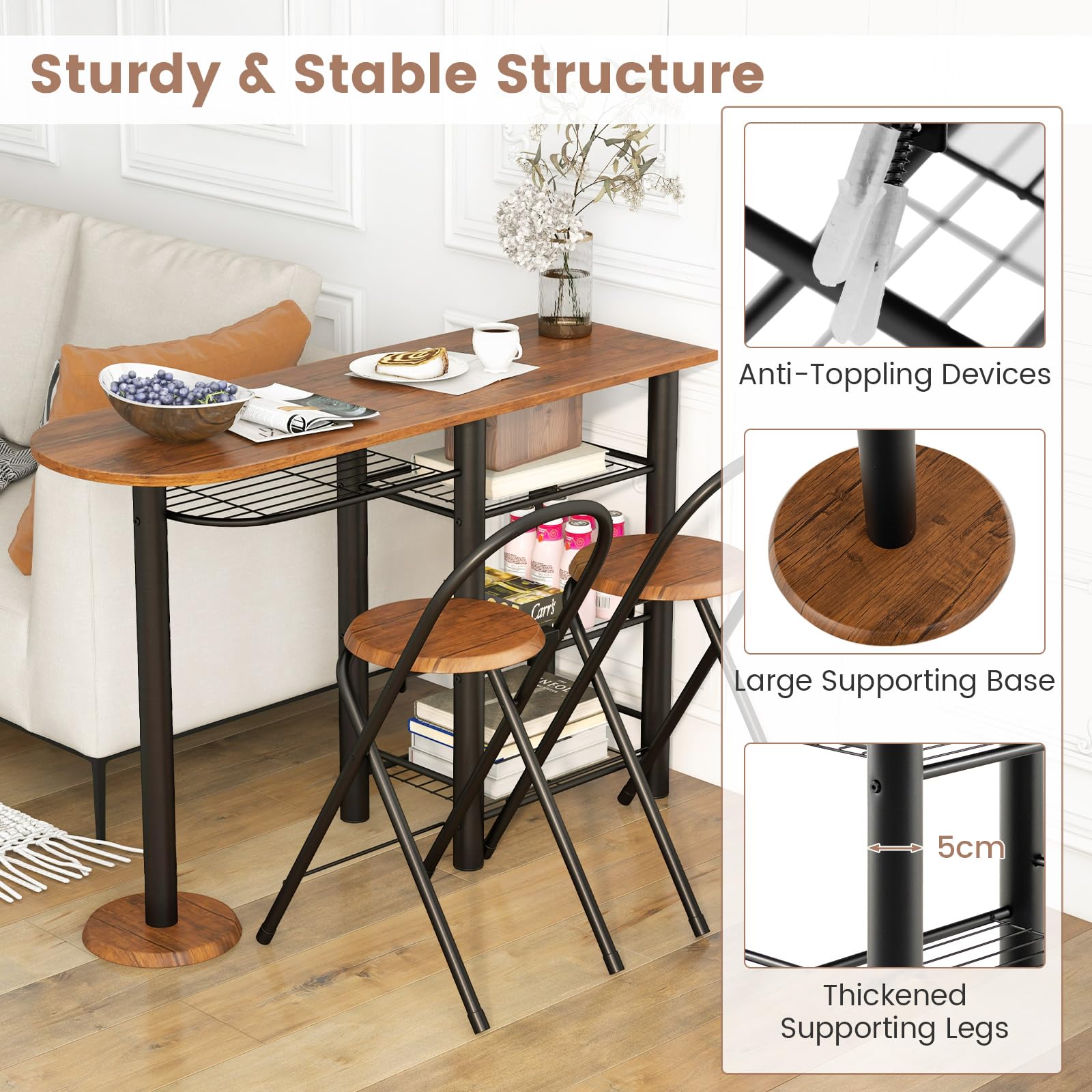Giantex 3-Piece Dining Table Set Retro Dining Table & 2 Foldable Chairs w/ 4-Tier Storage Shelf