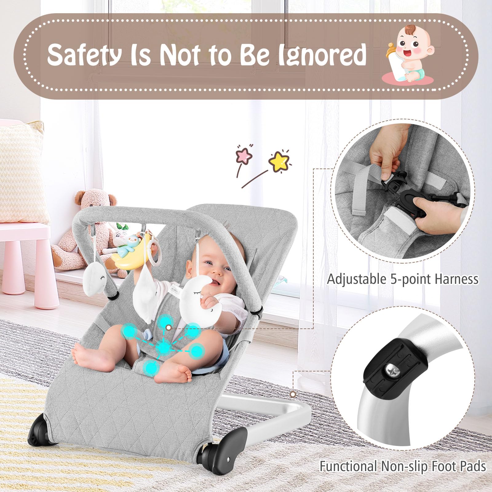 Baby Bouncer, Foldable Baby Rocker with 5-Point Safety Harness, Removable Fabric Cover and Toy Bar