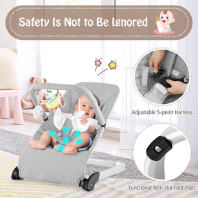 Baby Bouncer, Foldable Baby Rocker with 5-Point Safety Harness, Removable Fabric Cover and Toy Bar