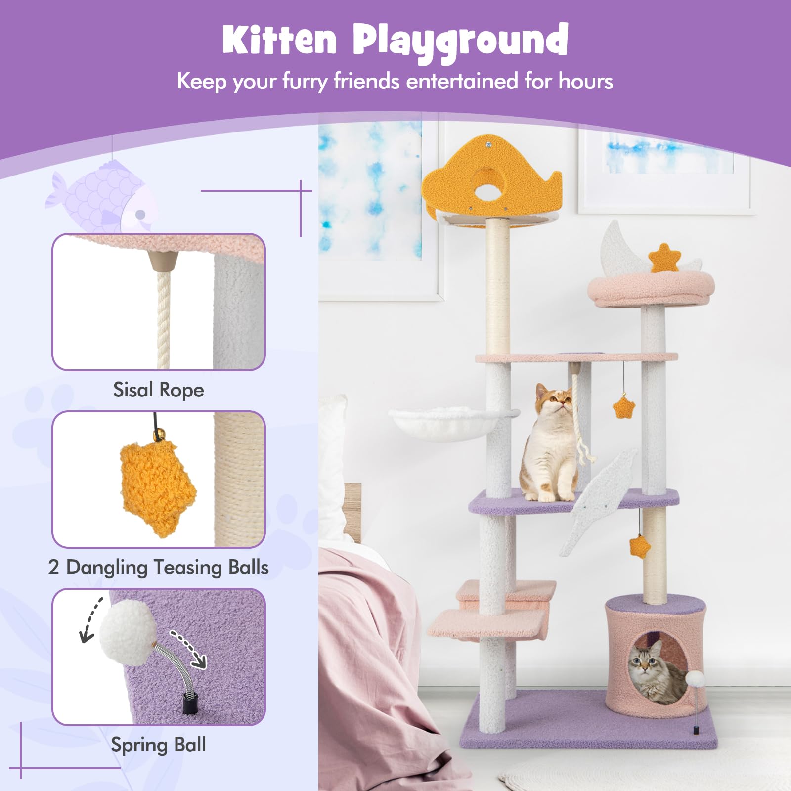 Cute Cat Tree for Indoor Cats, 167cm Multi-Level Tall Cat Tower, Purple