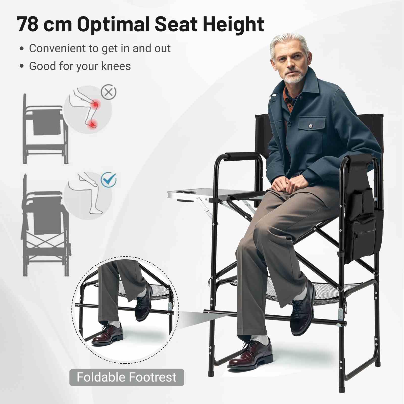 Giantex 116.5 cm Tall Directors Chair, Folding Makeup Artist Chair with Foldable Side Table & Footrest