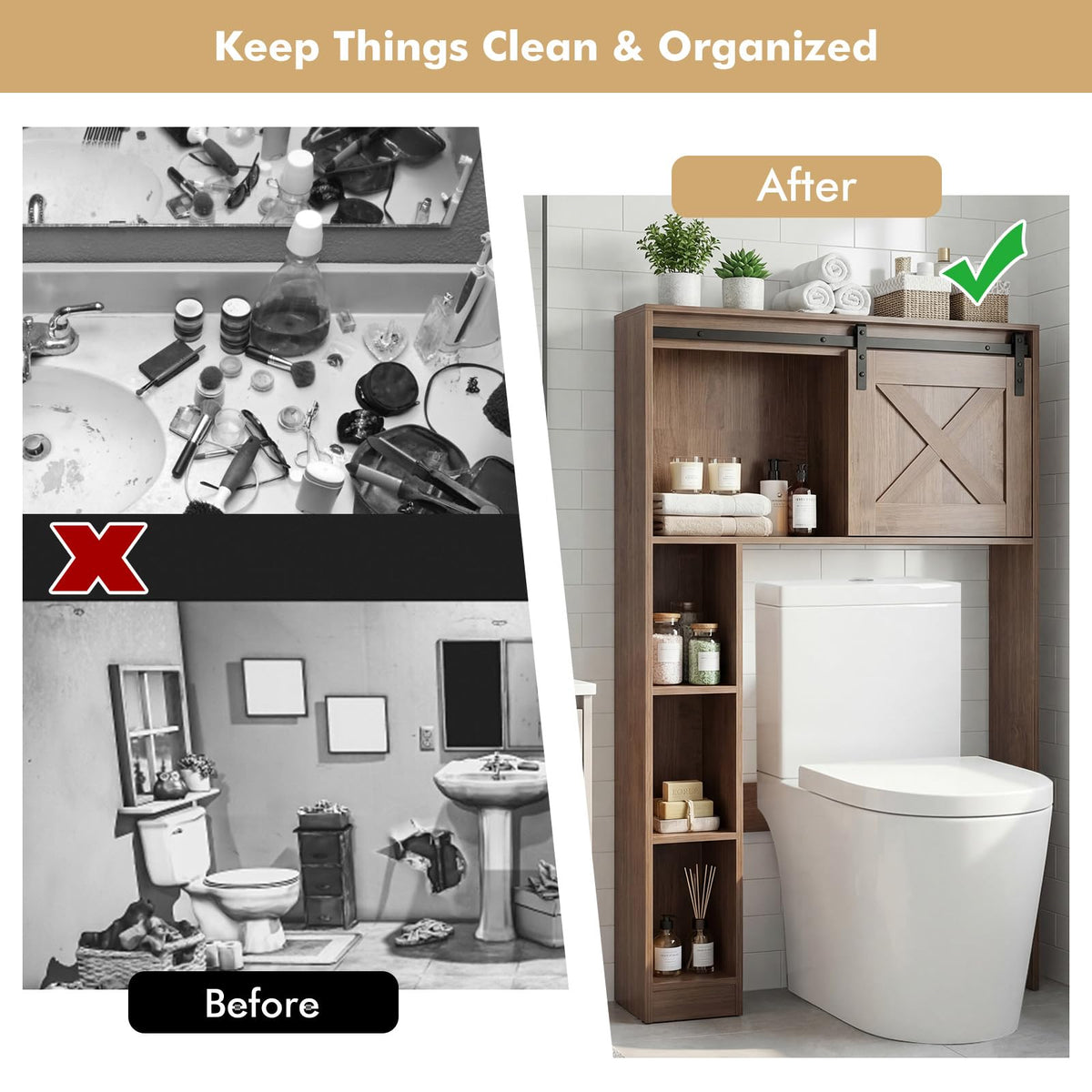 Over The Toilet Storage Cabinet, Freestanding Bathroom Organizer with Sliding Barn Door & Shelves