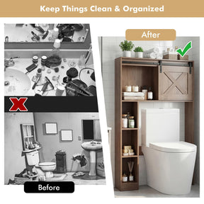 Over The Toilet Storage Cabinet, Freestanding Bathroom Organizer with Sliding Barn Door & Shelves