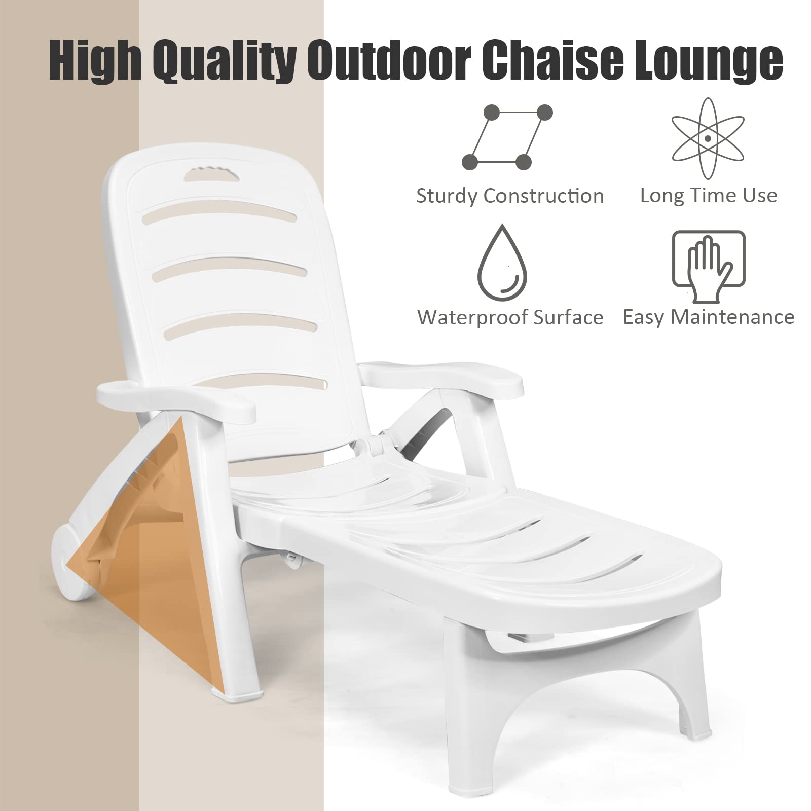 Giantex Folding Camping Lounge Chair, Portable Rolling Recliner w/Wheels, 5 Adjustable Positions, White