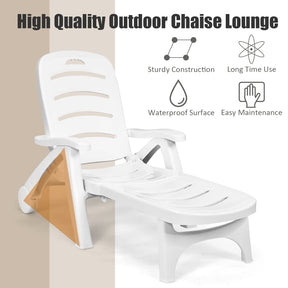 Giantex Folding Camping Lounge Chair, Portable Rolling Recliner w/Wheels, 5 Adjustable Positions, White