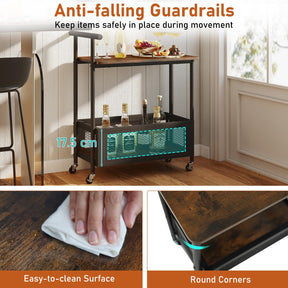 Rolling End Table with Handle, 2-Tier Sofa Side Table with Open Shelf & Mesh Basket