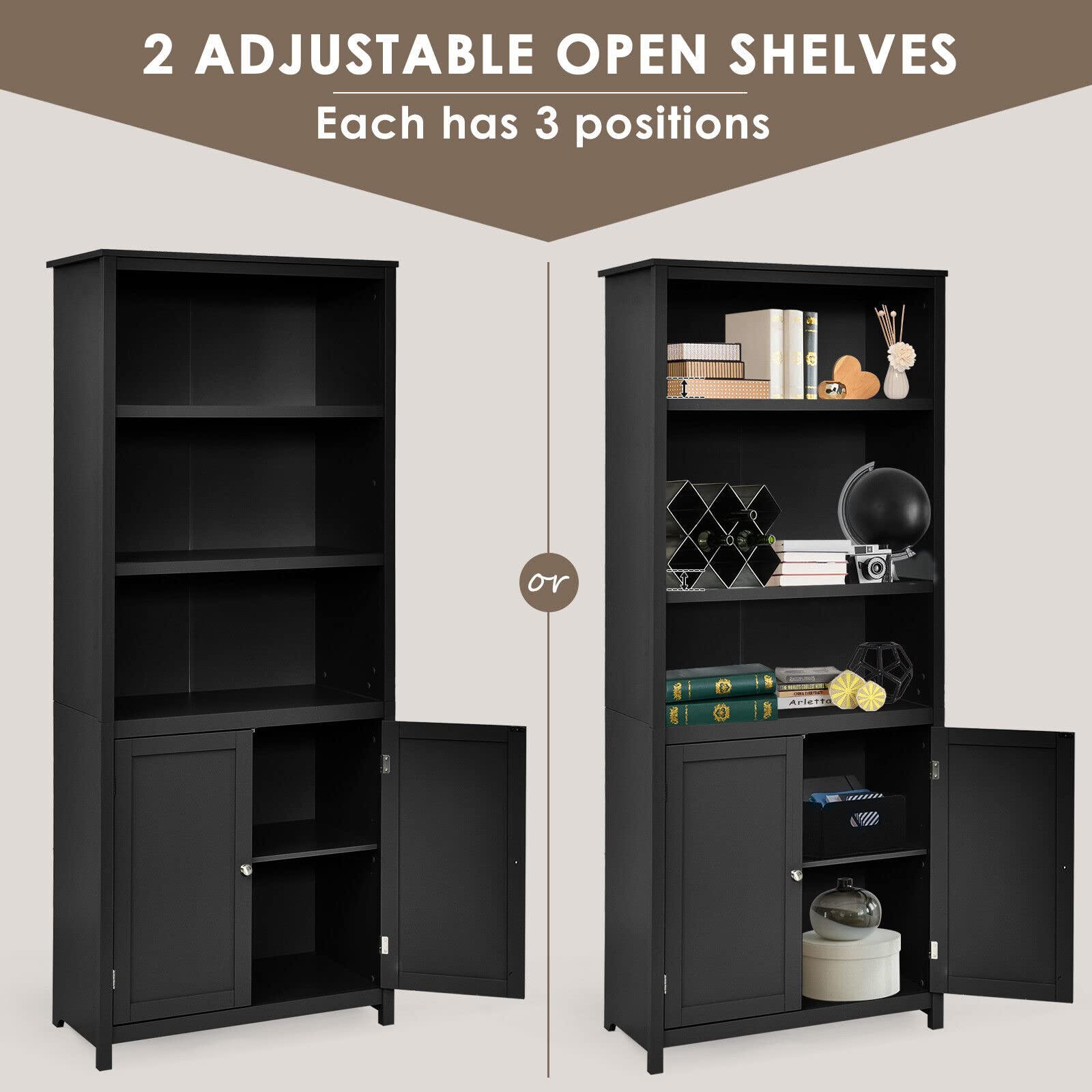 Giantex 182CM Bookcase with Doors, 3 Tier Open Book Shelving, Standing Wooden Display Bookcase