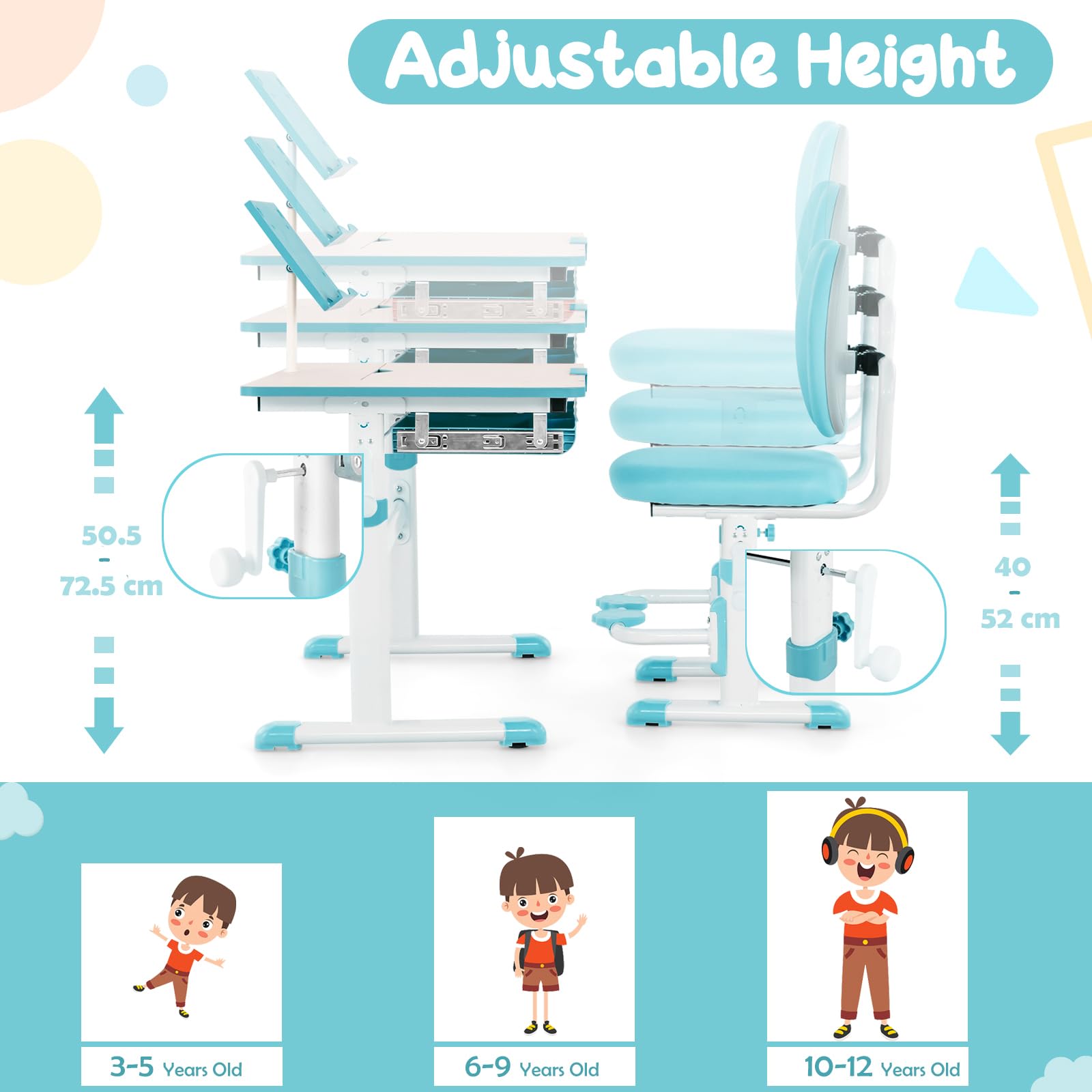 HONEY JOY Kids Desk and Chair Set, Student Study Desk w/Adjustable Height, Tiltable Desktop, Book Stand