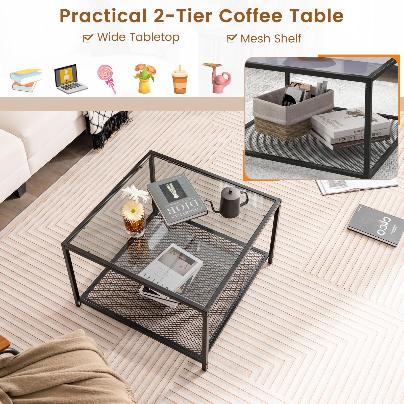Giantex Glass Coffee Table with Storage, 70cm Modern 2-Tier Square Coffee Table with Mesh Shelf