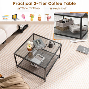 Giantex Glass Coffee Table with Storage, 70cm Modern 2-Tier Square Coffee Table with Mesh Shelf
