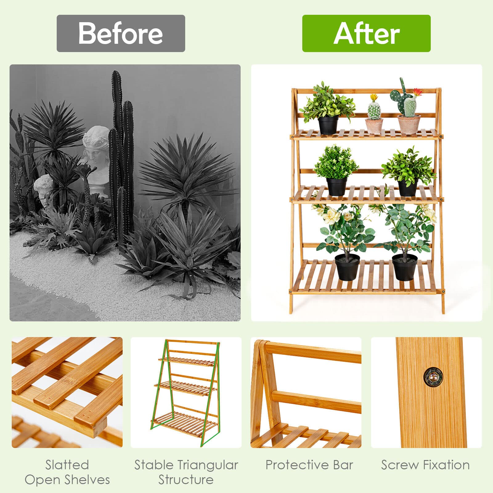 Folding Bamboo Plant Stand, 3-tier Ladder Plants Holder Organizer