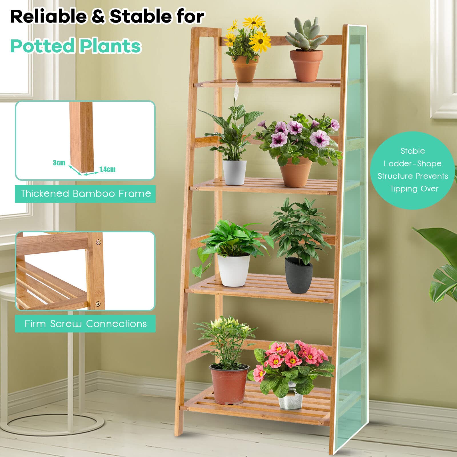 Giantex 4-Tier Bamboo Plant Shelf, Multipurpose Flower Ladder Stand, Potted Plant Display Rack