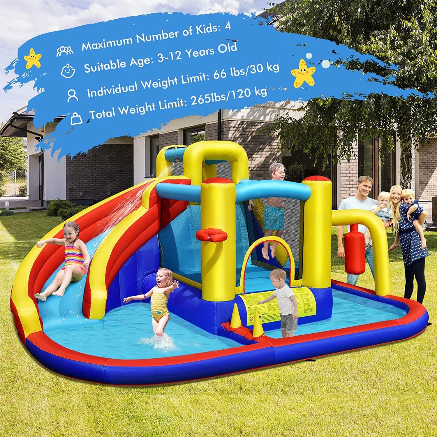 Inflatable Water Slide, 7-in-1 Outdoor Kids Water Bounce House Jumping Castle w/Combo Water Slide(with 680W Blower)