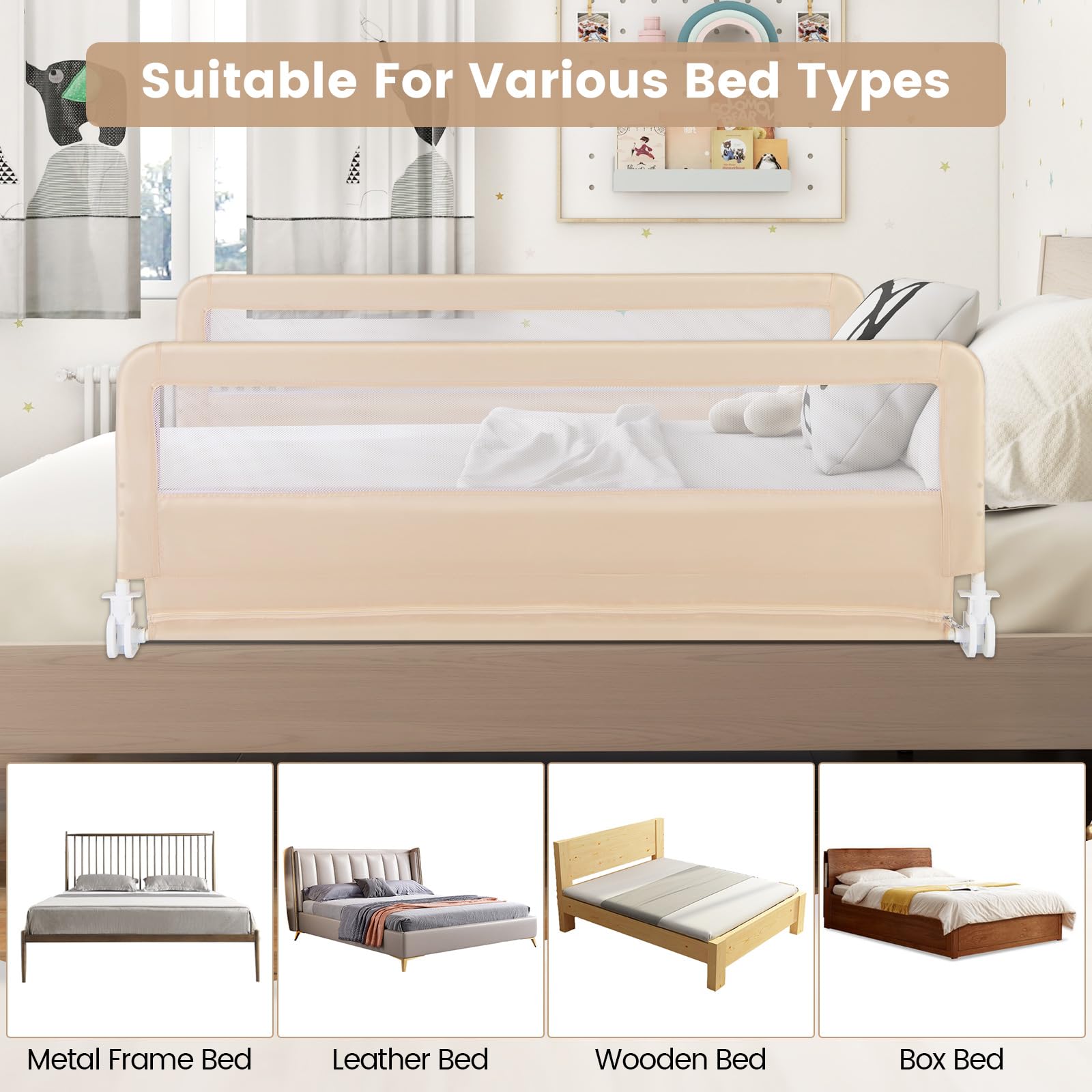 BABY JOY Bed Rail Guard for Toddlers, 150 x 55 cm Foldable Baby Bed Rail w/Safety Strap for Crib