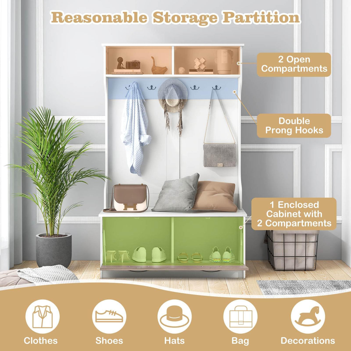 160 cm Hall Tree with Coat Rack and Storage Bench, Versatile Coat Rack with Entryway Bench
