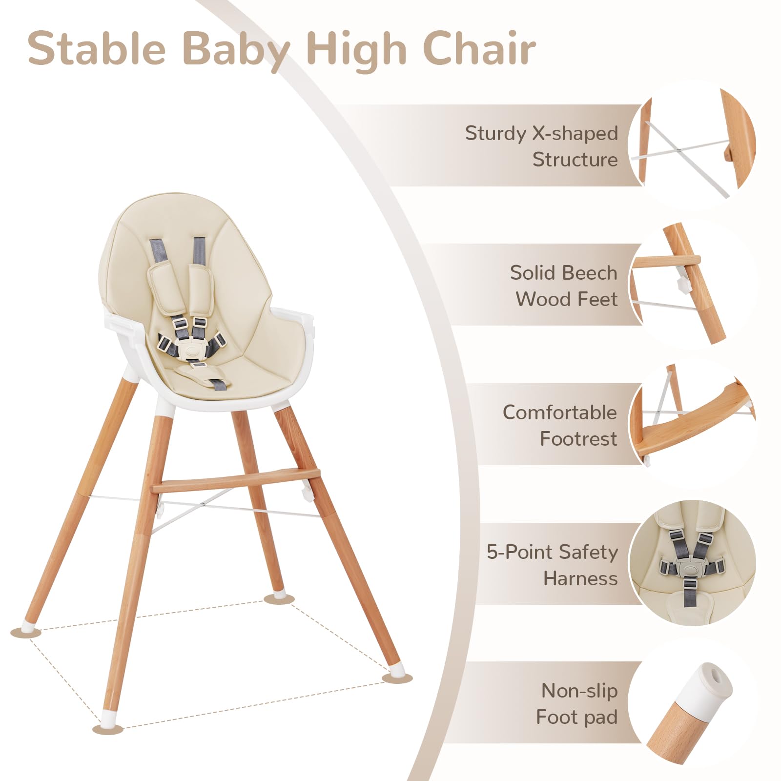 Wooden Highchair for Babies Infants w/Double 4-Gear Tray, Removable Seat Cushion & 5 Point Harness
