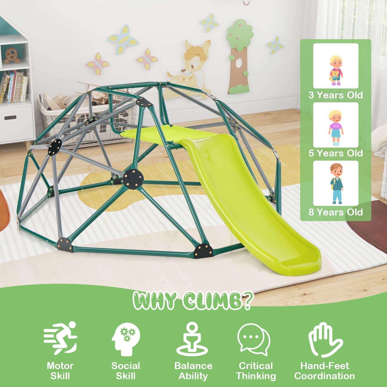 Kids Climbing Dome & Play Set, Geometric Dome Climber with Slide, Fabric Cushion, 150 KG Load Capacity