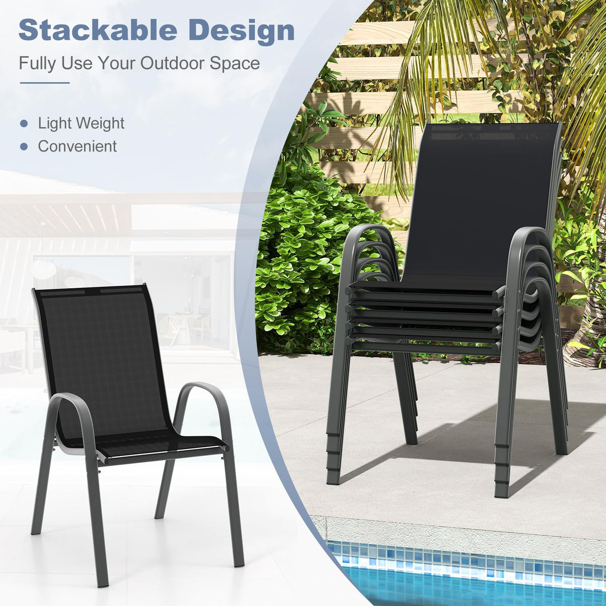 Set of 4 Outdoor Patio Chairs, Stackable Armchair with Weather-Resistant Fabric, Sturdy Steel Frame