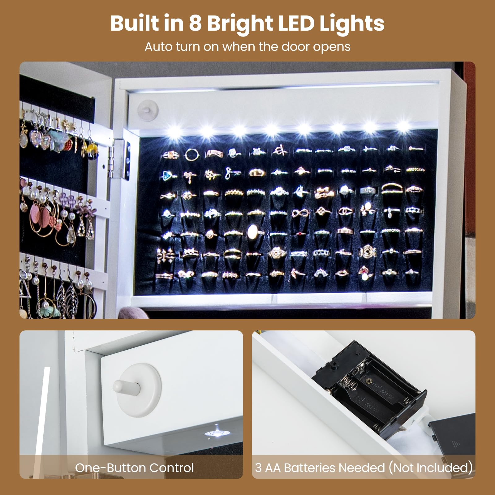 Giantex LED Standing Jewelry Mirror Cabinet, 160cm Lockable Jewelry Armoire Organizer with 3-Color Lighted Full-Length Mirror