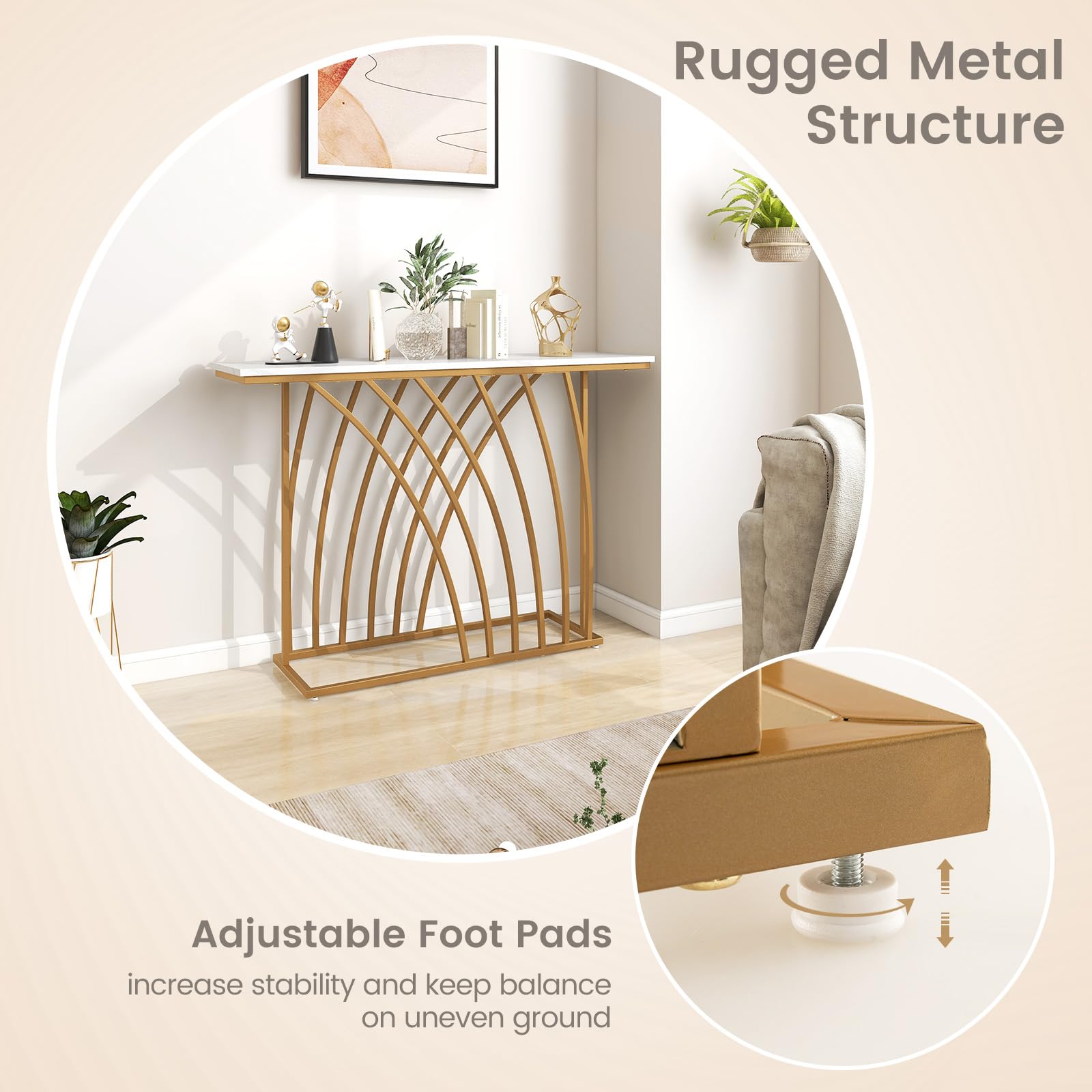 Giantex 120cm Gold Console Table, Modern Entryway Table with White Faux Marble Tabletop