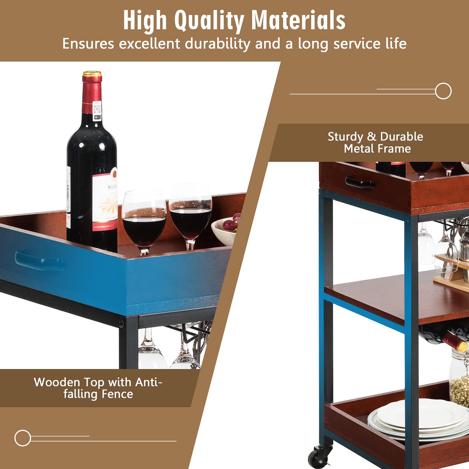 Giantex Kitchen Serving Trolley, 3-Tier Rolling Bar Island Serving Cart, Cart Trolley on Wheels with Handle