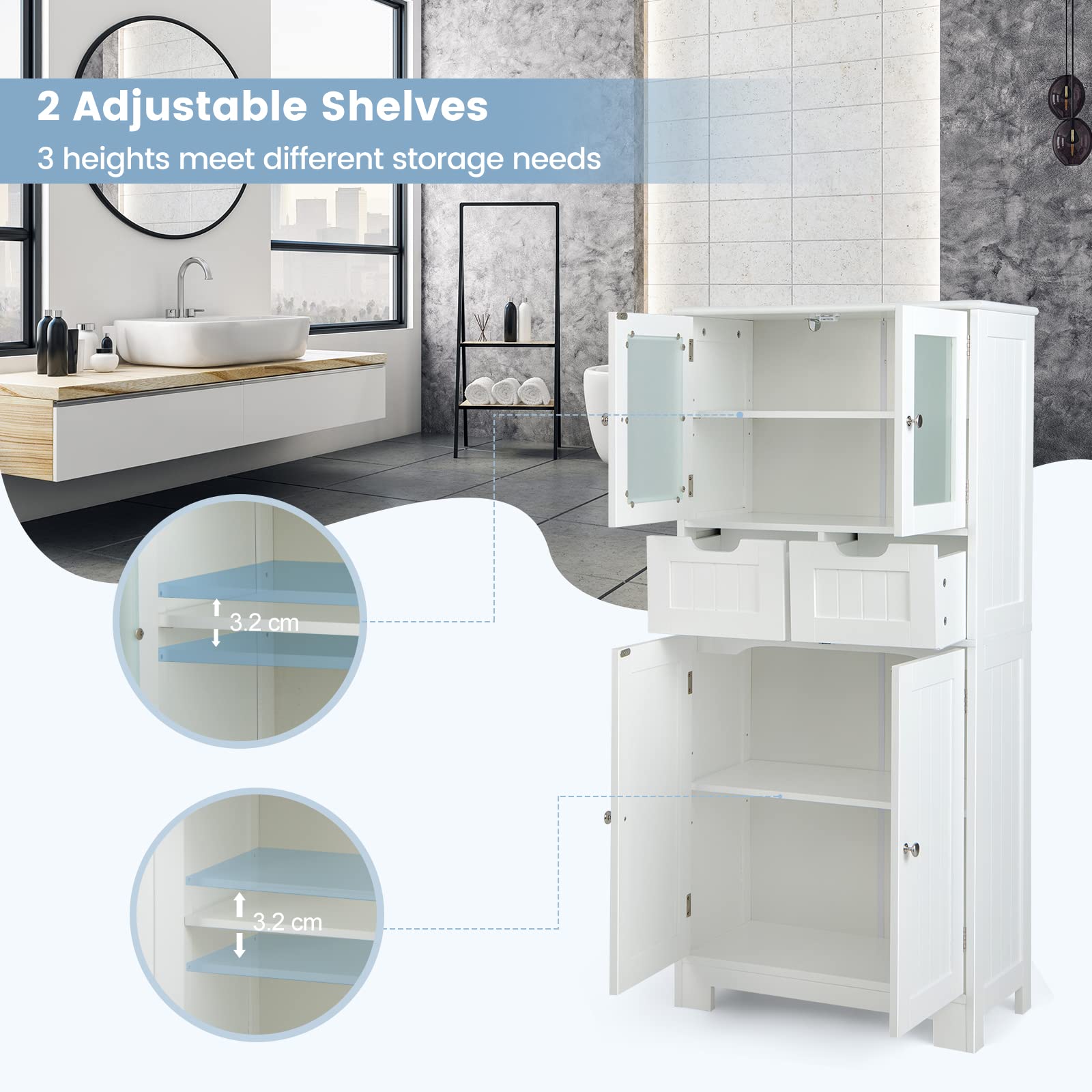 Giantex Floor Storage Cabinet with 4 Doors, Freestanding Bathroom Cabinet with 2 Glass Doors, White