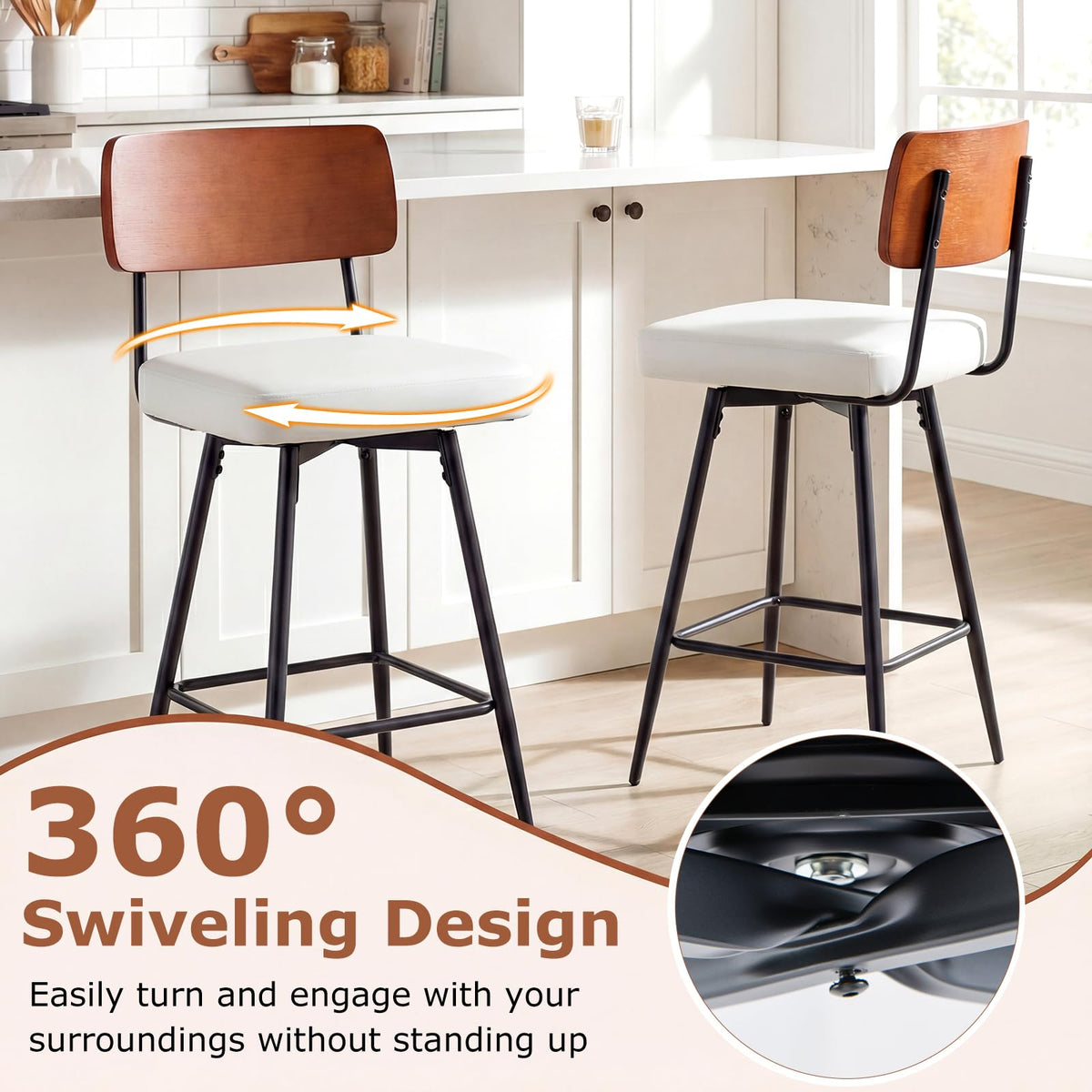 Padded Counter Barstools Set of 2, 360° Swiveling Counter Height Chairs with Wooden Backrest & Metal Legs