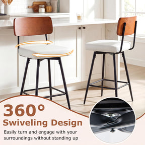 Padded Counter Barstools Set of 2, 360° Swiveling Counter Height Chairs with Wooden Backrest & Metal Legs