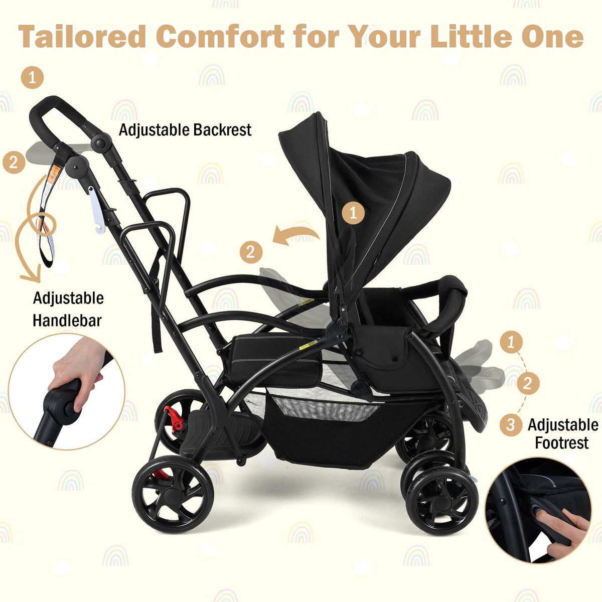 Foldable Double Stroller, Sit and Stand Stroller, with Wristband
