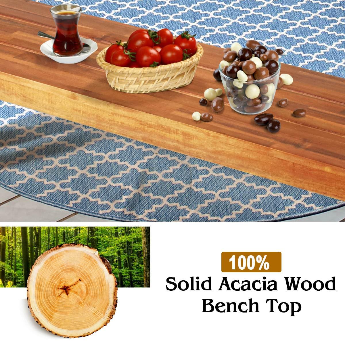 Set of 1/2 Outdoor Acacia Wood Bench, 2-3 People Backless Garden Front Benches with Metal Frame, Patio Wooden Dining Benches for Deck, Yard and Entryway