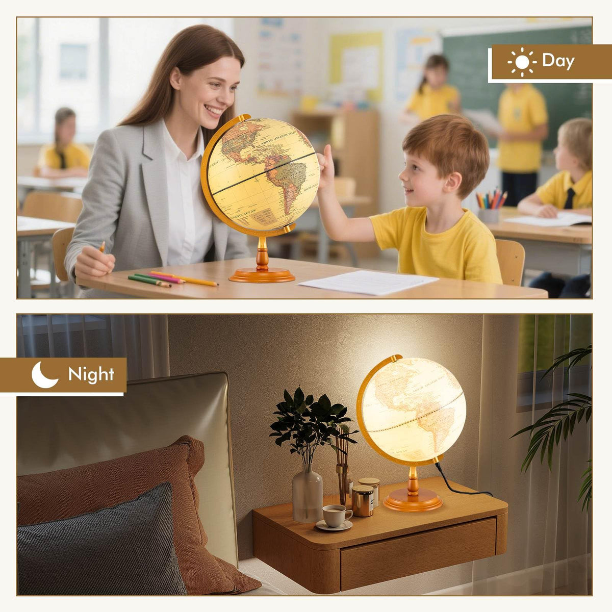 30 cm Illuminated World Globe, Antique Light up Globe Night Lamp with Wooden Stand and Clear Map for Kids and Adults