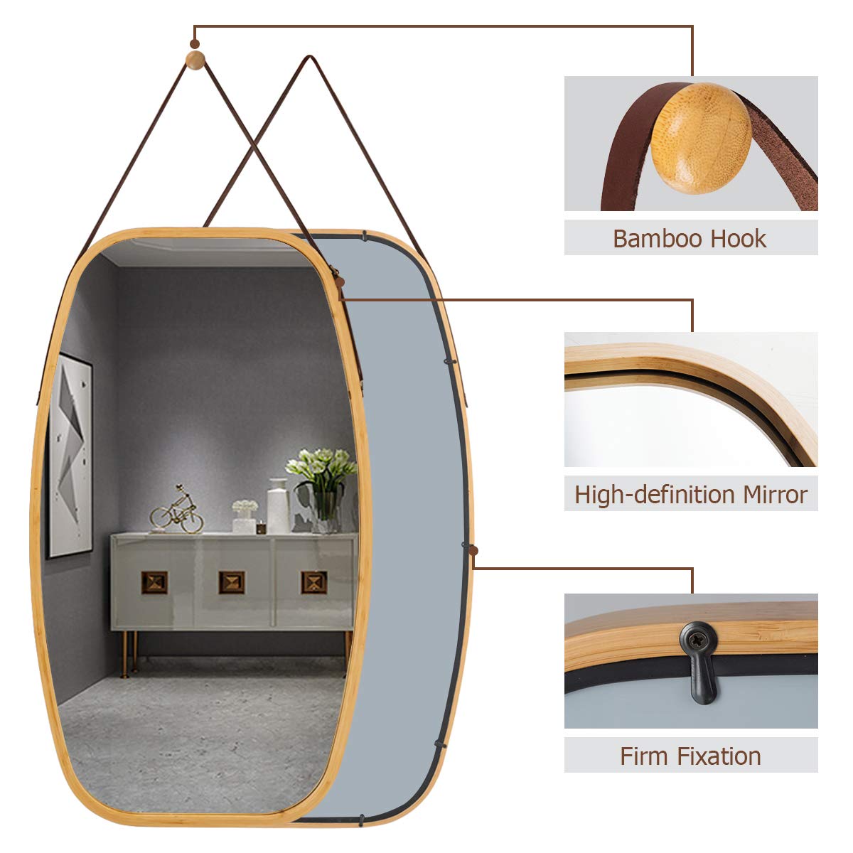 Giantex Wall Hanging Mirror, Bathroom Full Length Mirror, Hanging Wall-Mounted Mirror w/ Bamboo Frame