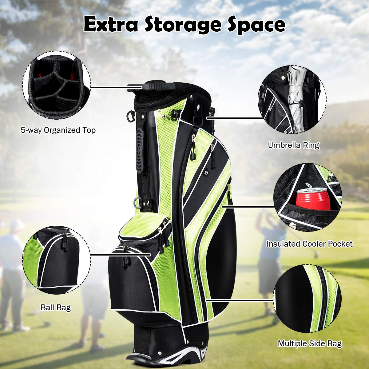 Stand Bag, Golf Club Bag with 6 Way Organizer Divider Top, 7 Zippered Pockets Including Cooler Bag & Waterproof Pockets