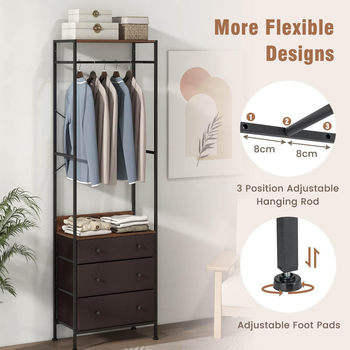 Freestanding Closet Organizer, Clothing Stand Dresser w/ 3-Position Hanging Rod & Storage Shelves