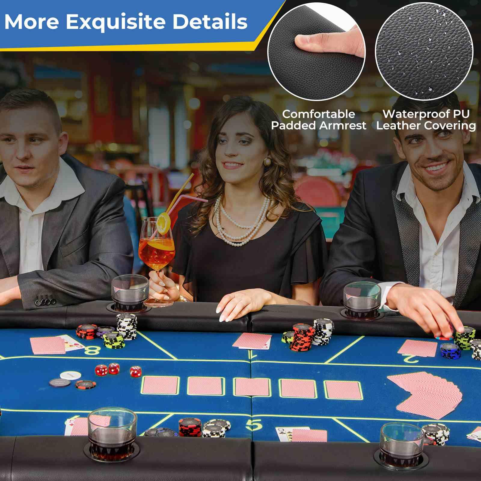 Foldable Poker Table, 8 Players Card Board Game Table w/ 8 Cup Holders, Casino-Grade Felt Surface