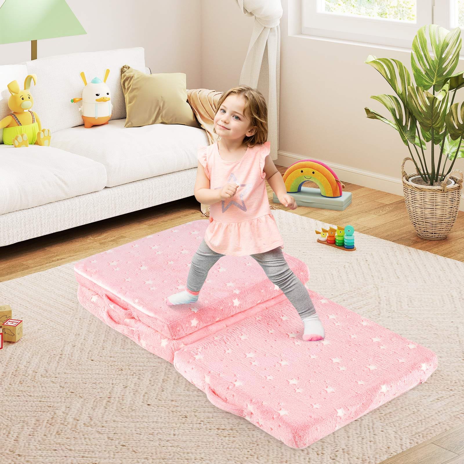 Foldable Floor Mattress for Kids, Glow in The Dark Toddler Floor Nap Mat w/Washable Flannel Cover