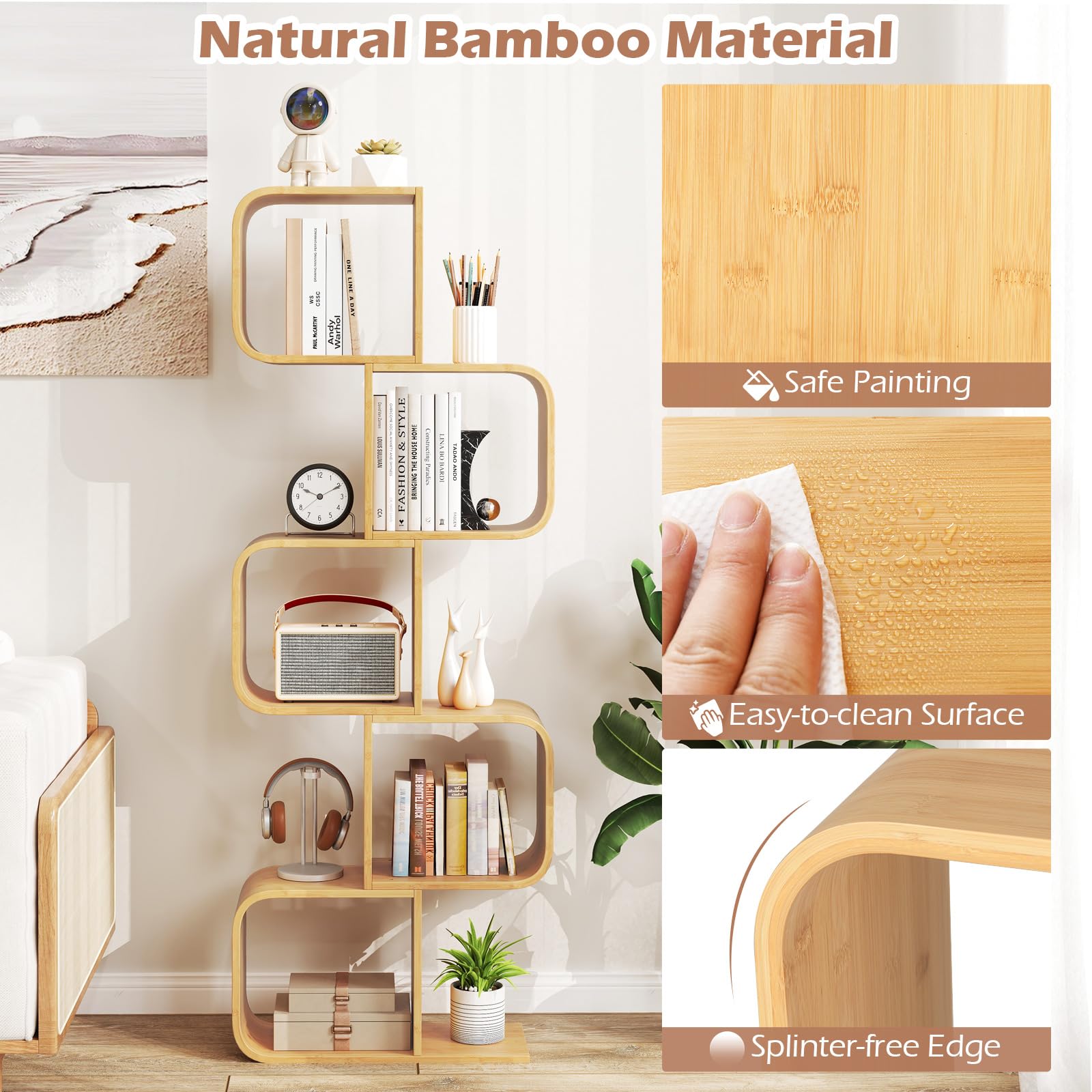 Bamboo Bookshelf with 5 Open Cubes
