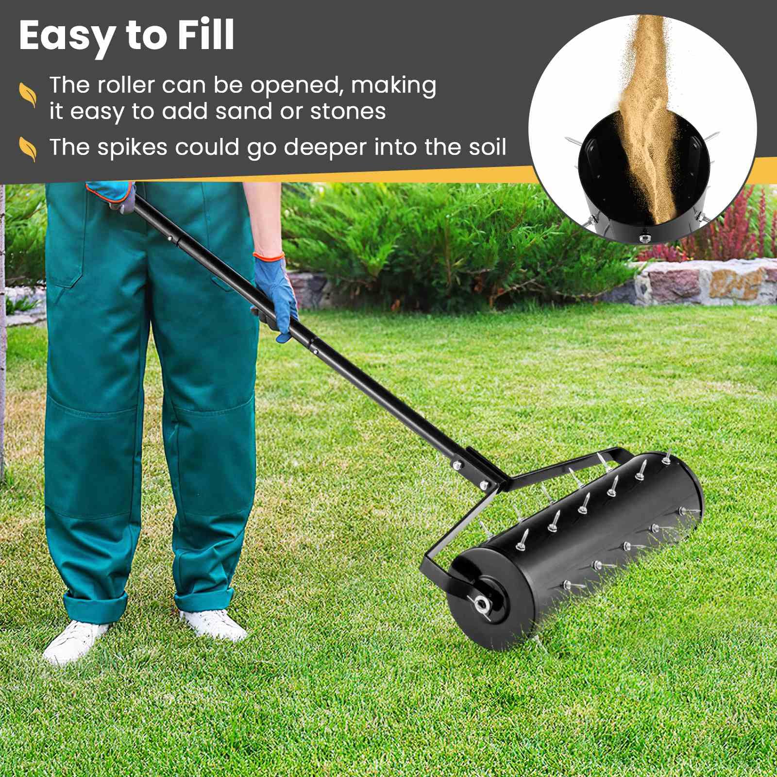 Heavy-Duty Rolling Aerator w/ Lawn Soil Penetrating Spikes & 130 cm Handle