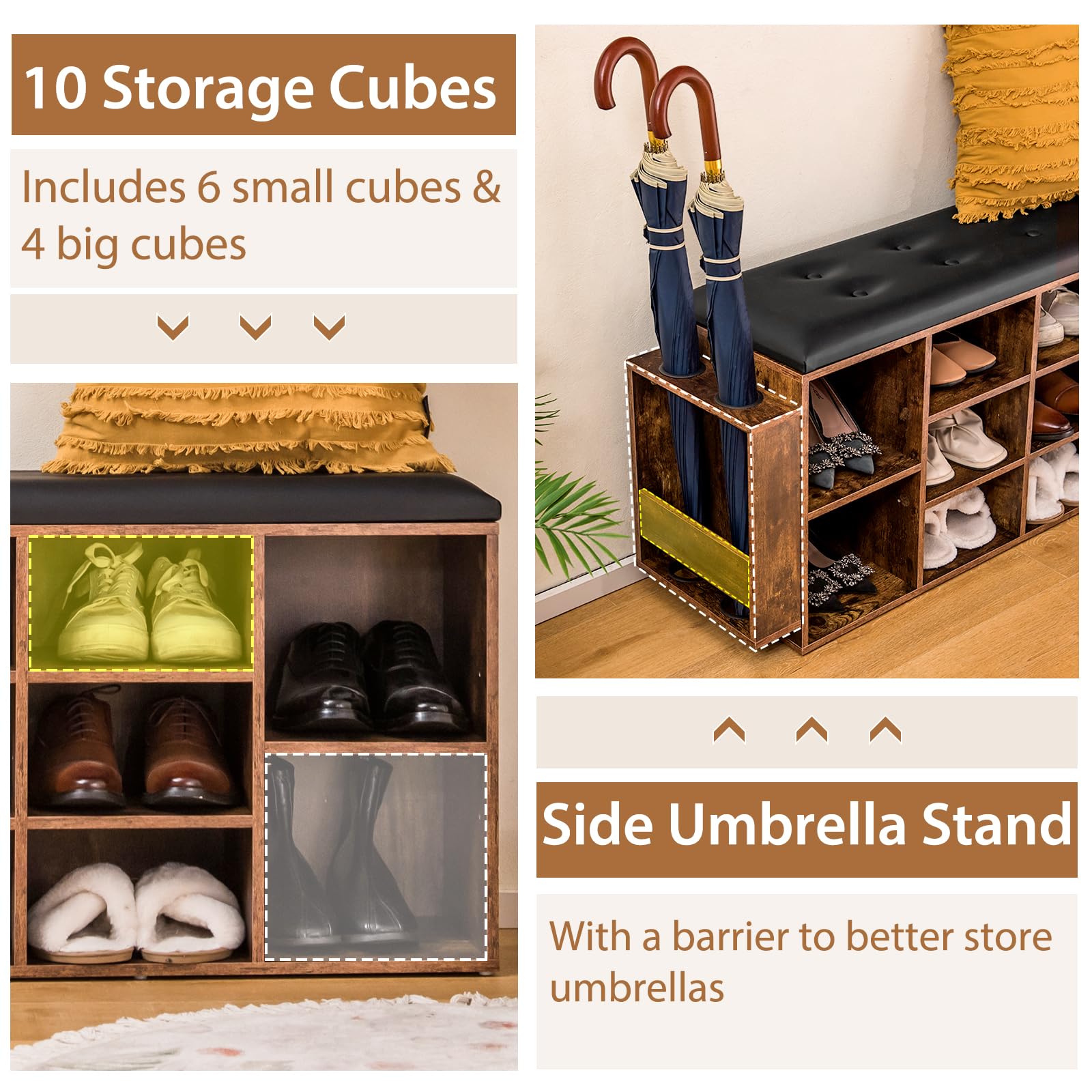 Giantex Shoe Storage Bench with Umbrella Stand, 10-Cube Entryway Bench with Adjustable Shelf & Padded Cushion