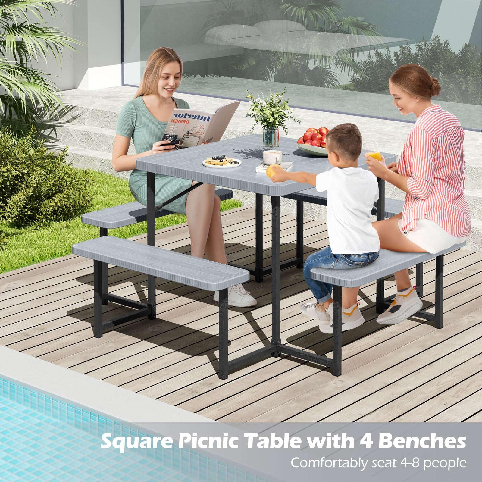 Outdoor Square Camping Dining Table & 4 Benches w/Umbrella Hole