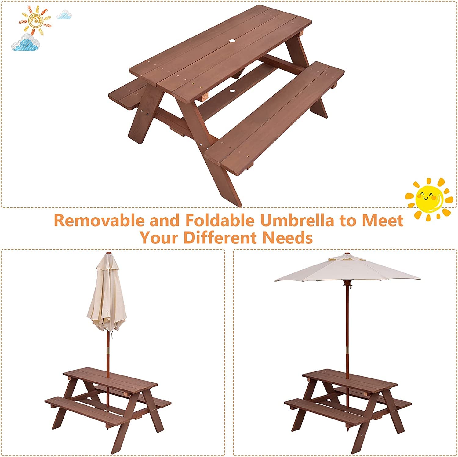 Kids Picnic Table, Wooden Table & Bench Set w/Removable & Foldable Umbrella, Toddler Patio Set for Backyard
