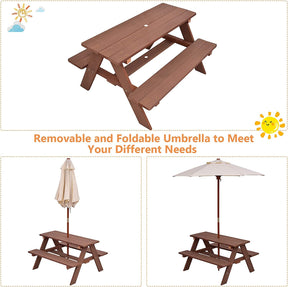 Kids Picnic Table, Wooden Table & Bench Set w/Removable & Foldable Umbrella, Toddler Patio Set for Backyard